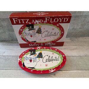 Fitz & Floyd Merry & Bright Celebrate Oval Serving Platter Snowman Christmas 10"